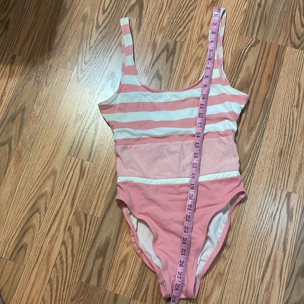 90s Pink Swimsuit, vintage Jantzen Striped Tank style Suit, cotton Lycra, 12 - Picture 3 of 10